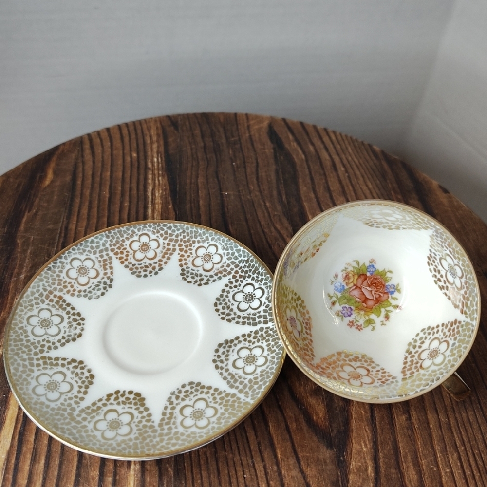 Winterling Bavaria Germany Floral Cup & Saucer Small Gold Flowers Spots Vintage